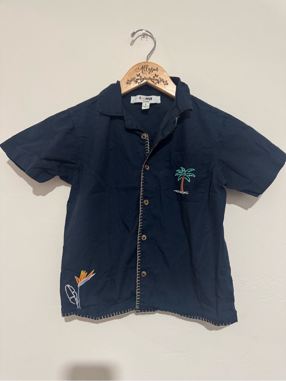 Copper Denim CD Boys Size 6 Casual Tropical Button Down Shirt Blue Embroidery